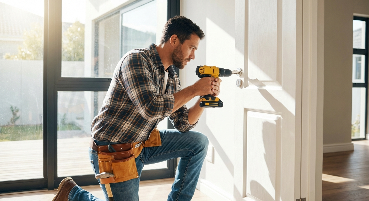 Handyman repairing door hinge in De Rust home