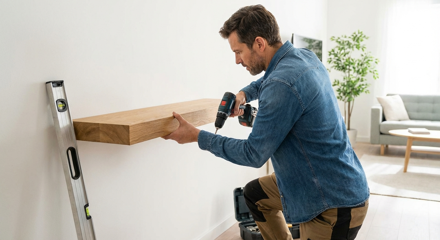 Handyman installing shelves in De Rust property