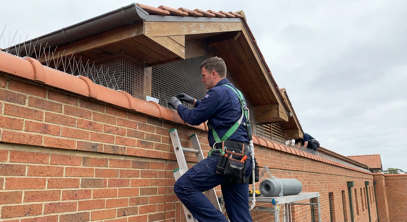 Bird spikes and rodent proofing installation on De Rust building