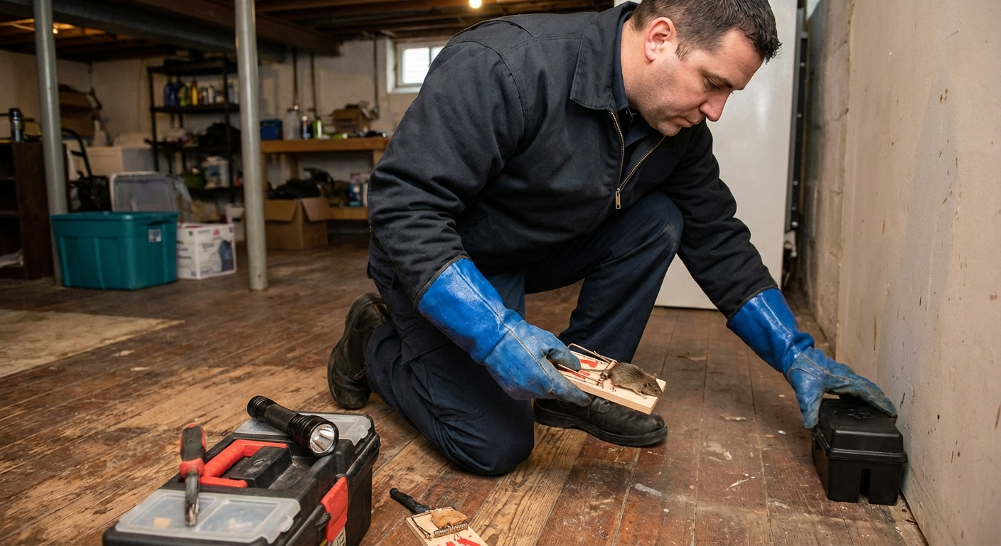 Professional rodent control service setting bait stations in De Rust property