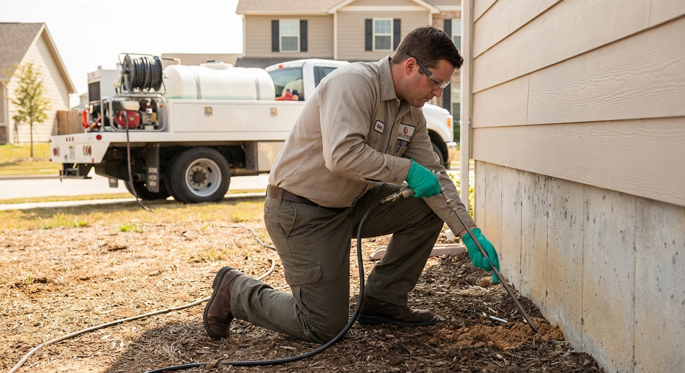 Termite treatment and soil poisoning around De Rust property foundation