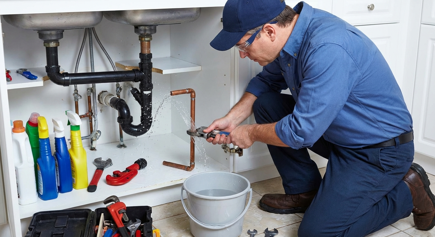 Emergency plumber repairing burst pipe with water leak