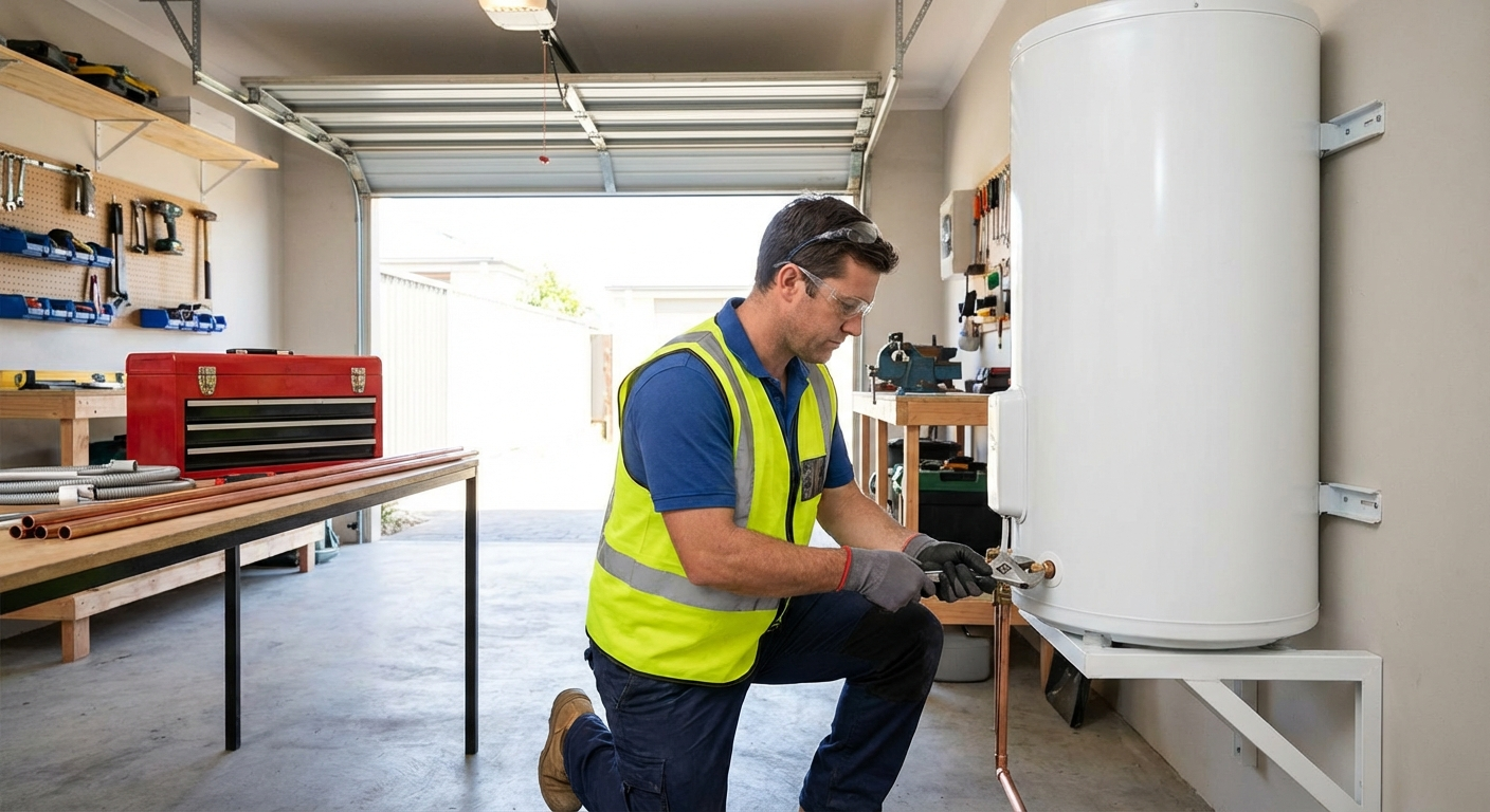 Plumber installing electric geyser hot water system