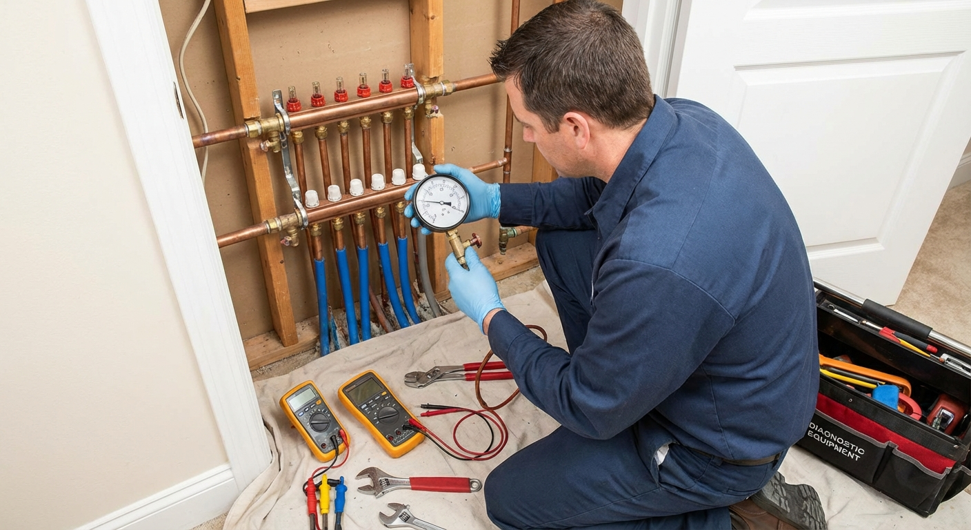 Plumber testing water pressure with diagnostic gauge