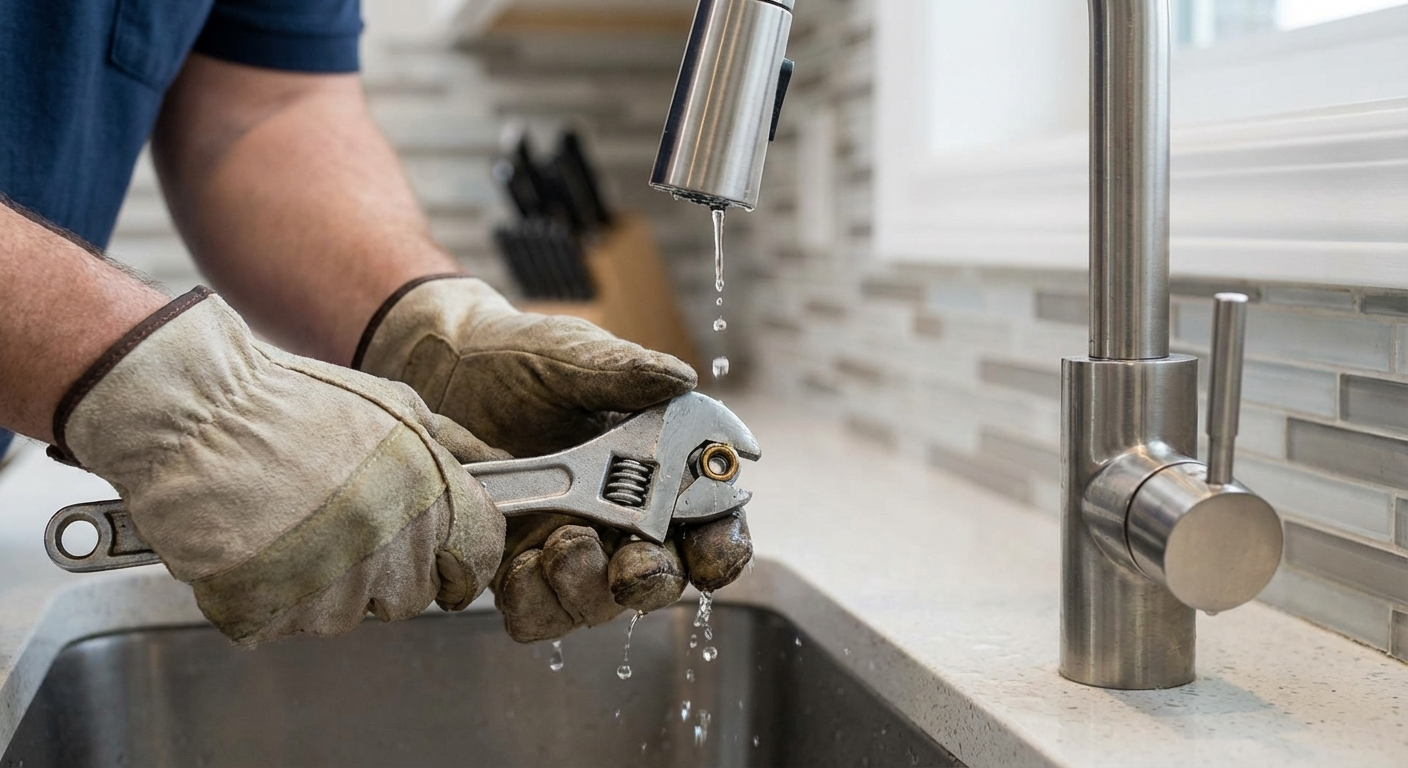 Plumber fixing leaking tap faucet in kitchen
