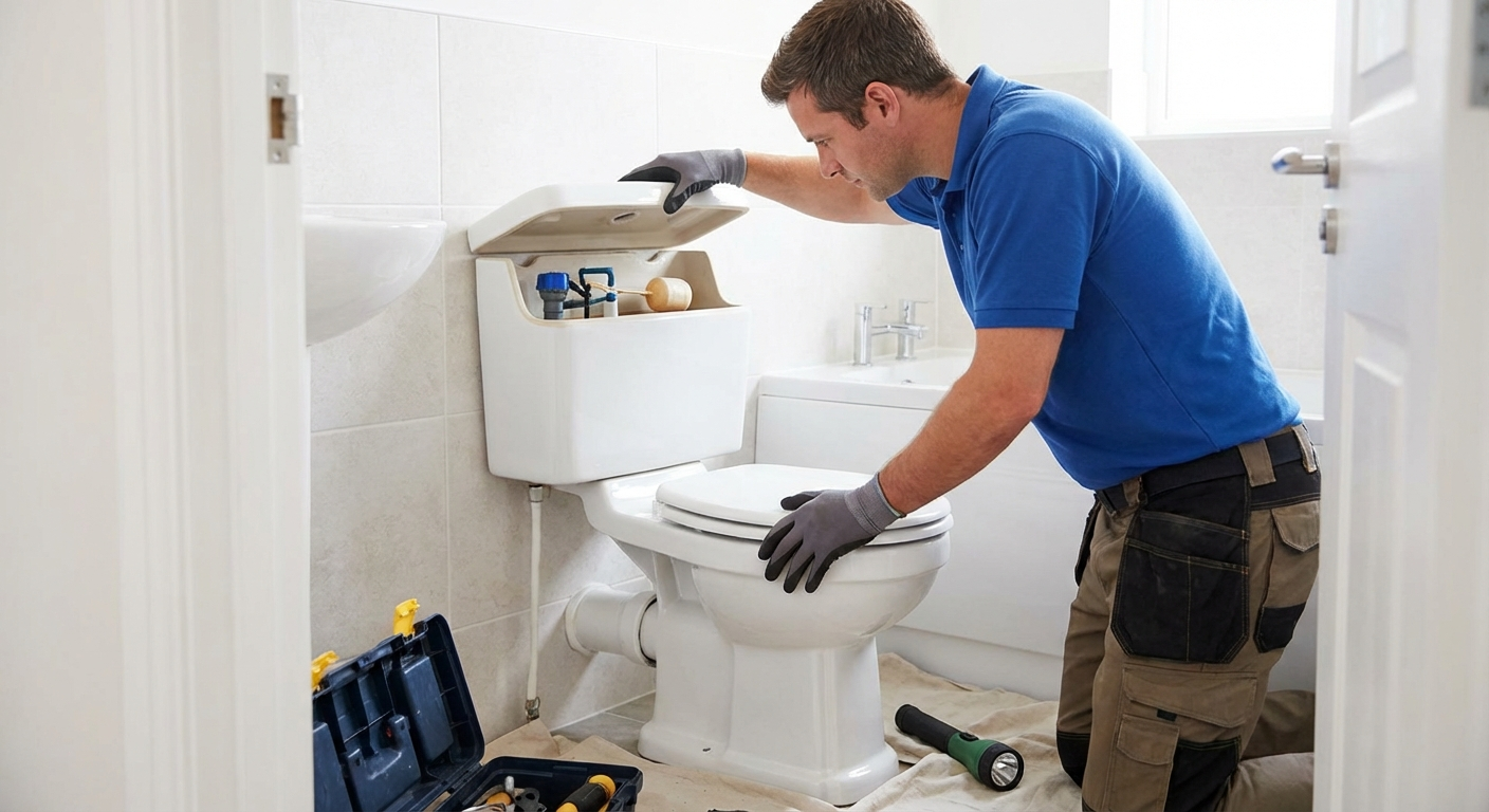 Plumber repairing toilet cistern and flush mechanism